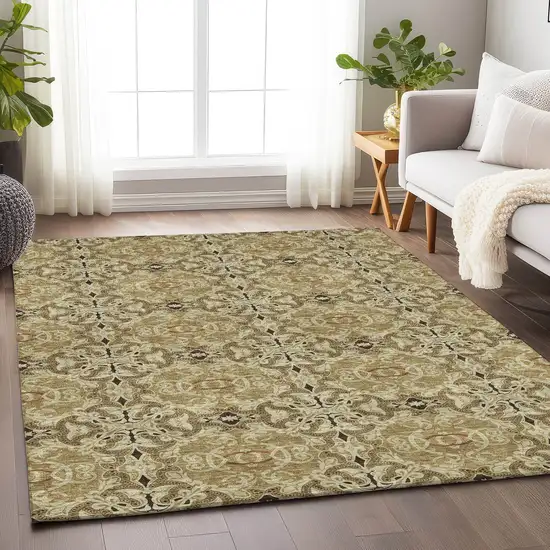 Brown And Beige Medallion Washable Area Rug With UV Protection Photo 5