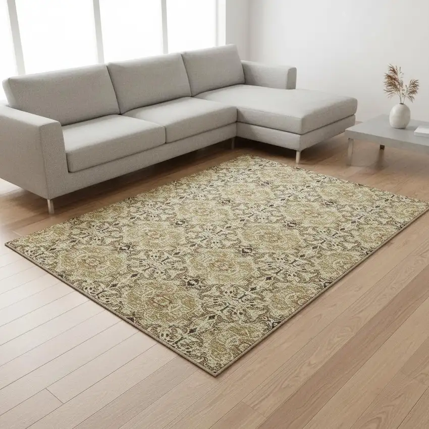 Brown And Beige Medallion Washable Area Rug With UV Protection Photo 2