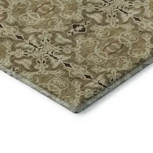Photo of Brown And Beige Medallion Washable Area Rug With UV Protection