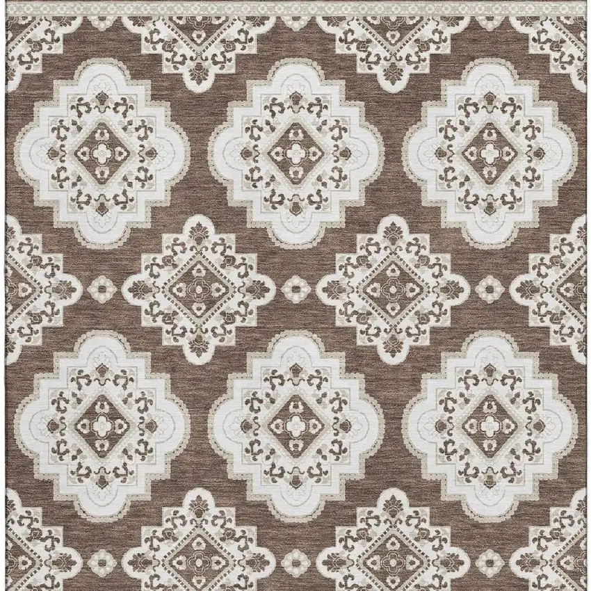 Brown And Beige Medallion Washable Area Rug With UV Protection Photo 4