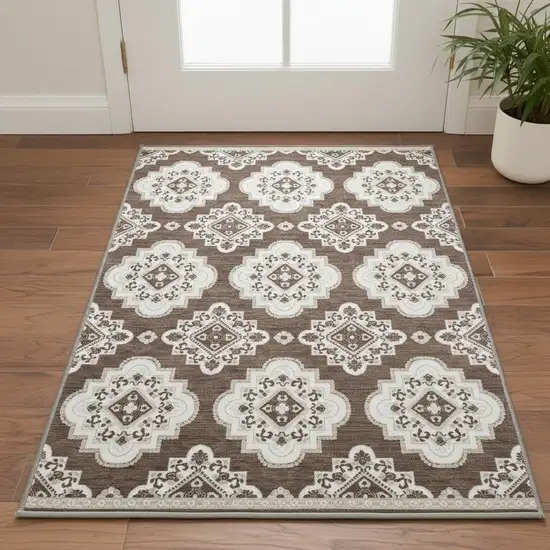 Brown And Beige Medallion Washable Area Rug With UV Protection Photo 2