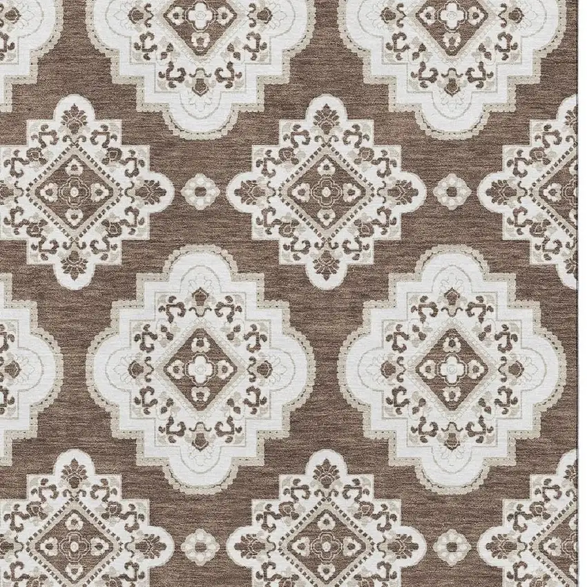 Brown And Beige Medallion Washable Area Rug With UV Protection Photo 3