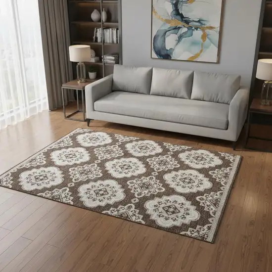 Brown And Beige Medallion Washable Area Rug With UV Protection Photo 2