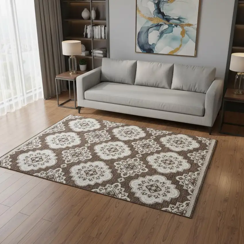 Brown And Beige Medallion Washable Area Rug With UV Protection Photo 2