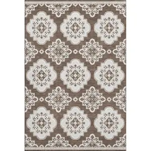 Photo of Brown And Beige Medallion Washable Area Rug With UV Protection