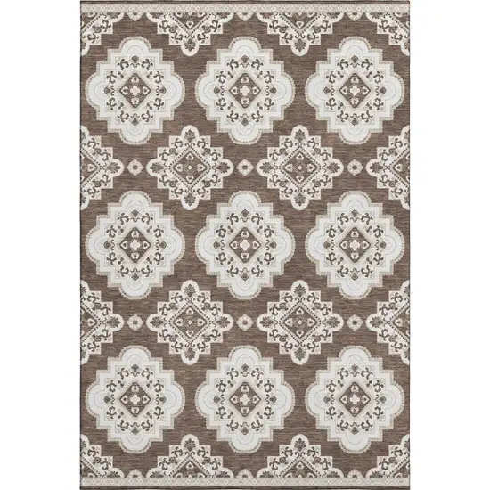 Brown And Beige Medallion Washable Area Rug With UV Protection Photo 1