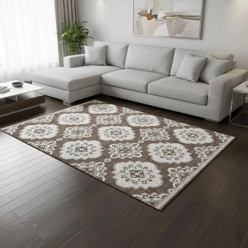 Brown And Beige Medallion Washable Area Rug With UV Protection Photo 2