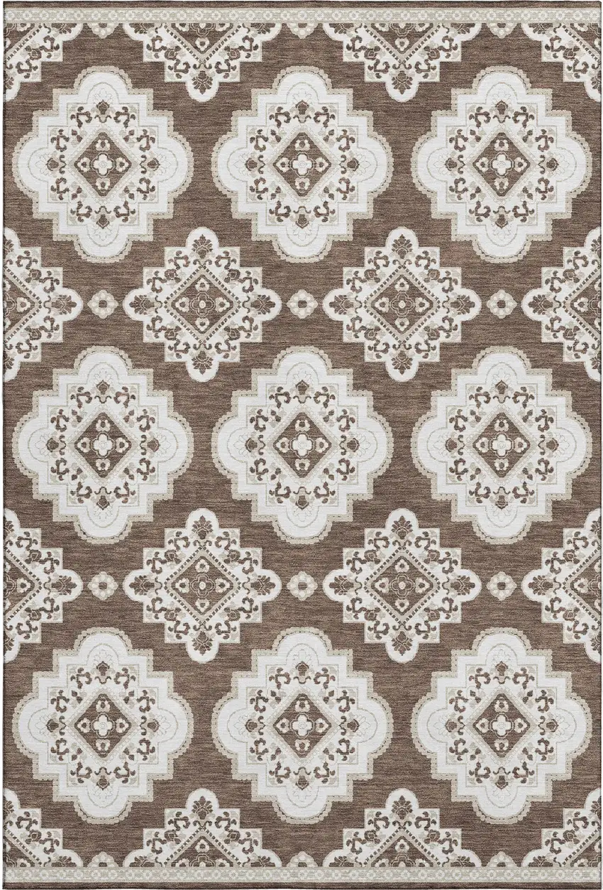 Brown And Beige Medallion Washable Area Rug With UV Protection Photo 1