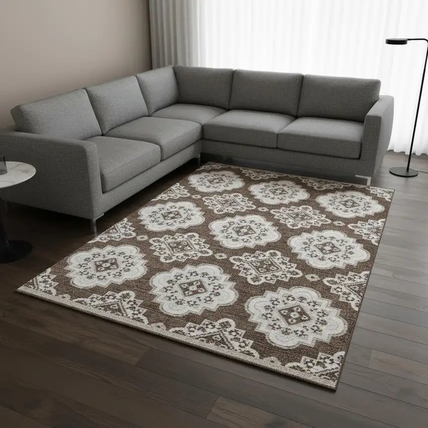Brown And Beige Medallion Washable Area Rug With UV Protection Photo 2