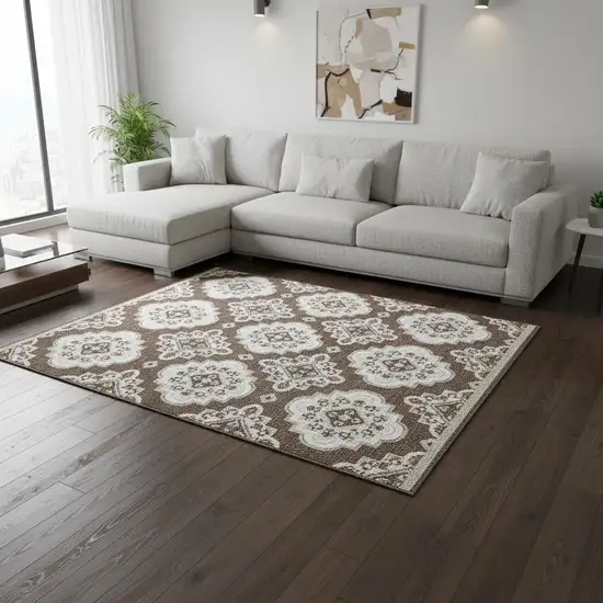 Brown And Beige Medallion Washable Area Rug With UV Protection Photo 2
