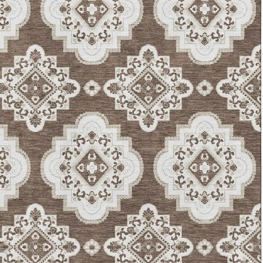 Brown And Beige Medallion Washable Area Rug With UV Protection Photo 3