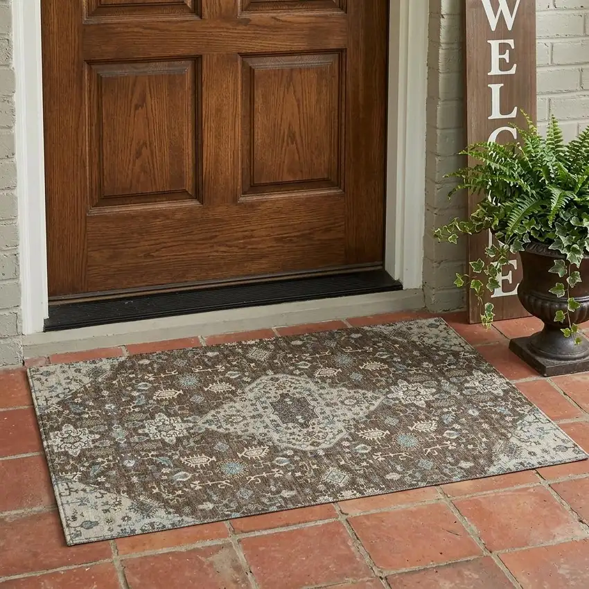 Brown And Beige Medallion Washable Indoor Outdoor Area Rug Photo 1