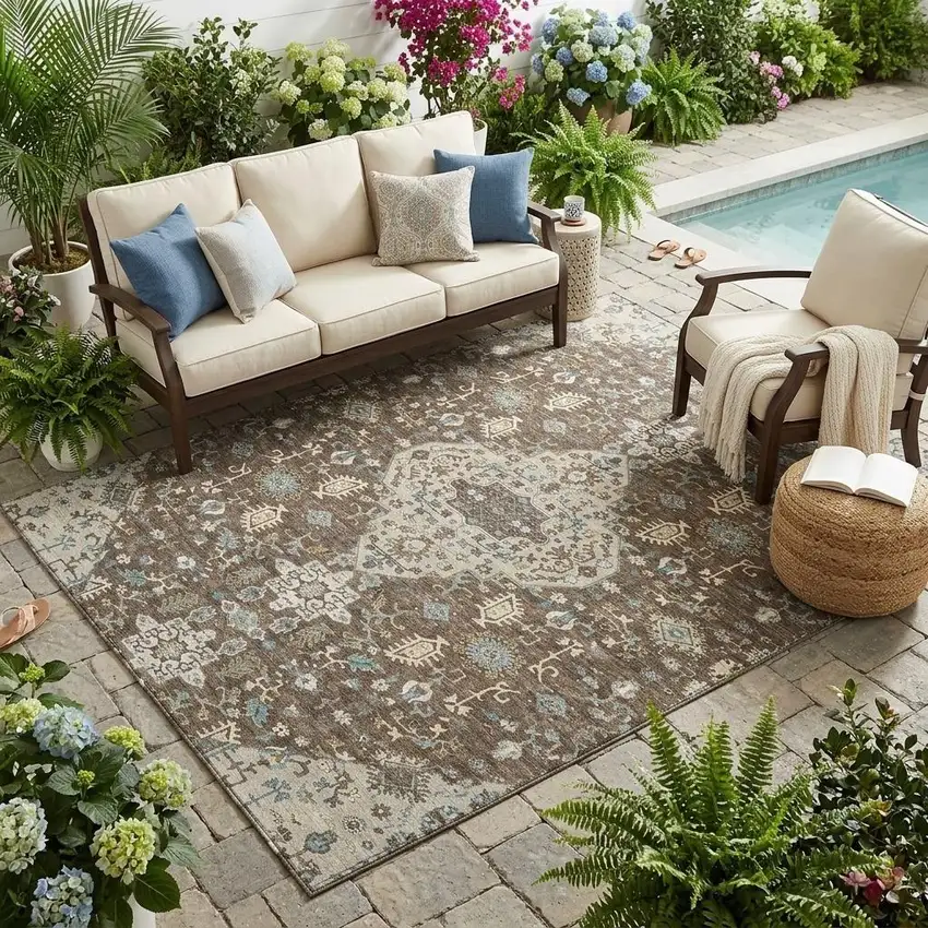 Brown And Beige Medallion Washable Indoor Outdoor Area Rug Photo 1