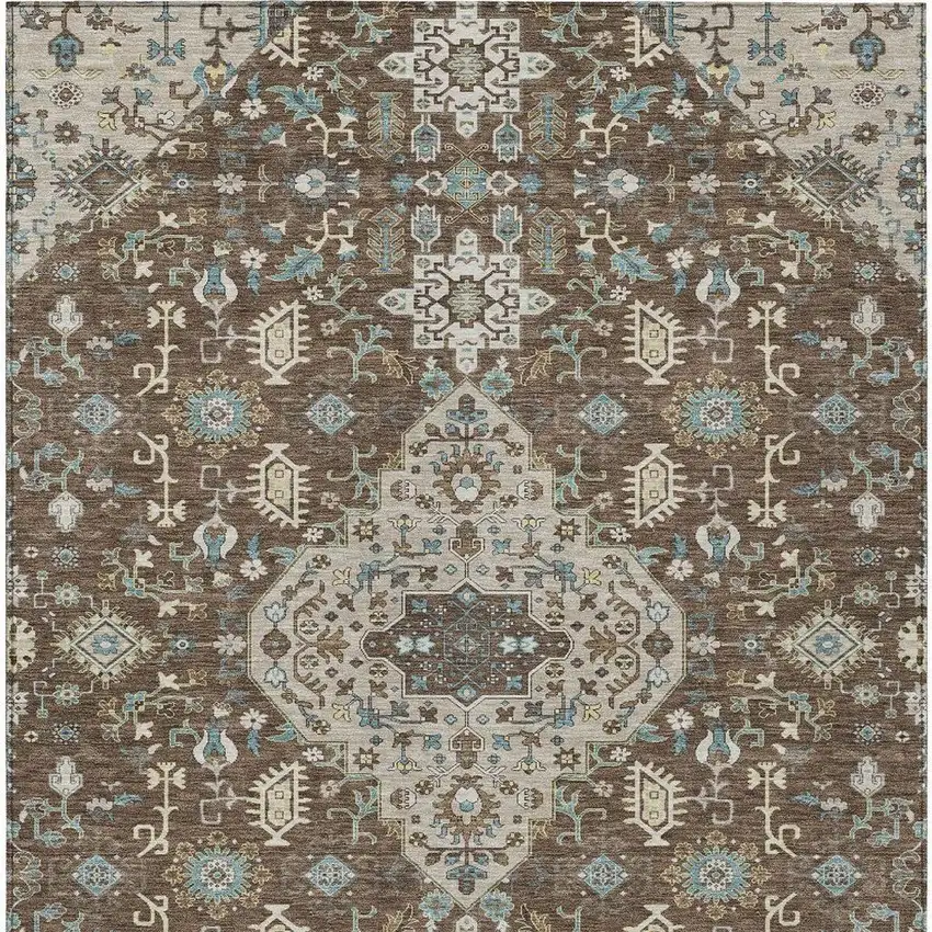 Brown And Beige Medallion Washable Indoor Outdoor Area Rug Photo 4