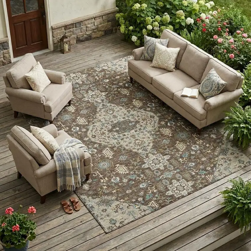 Brown And Beige Medallion Washable Indoor Outdoor Area Rug Photo 1