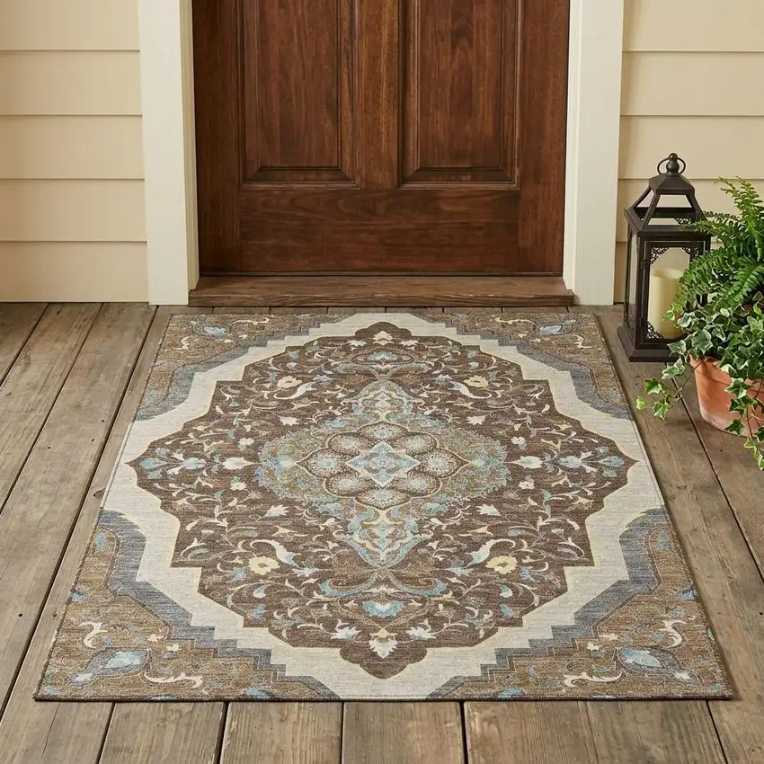 Brown And Beige Medallion Washable Indoor Outdoor Area Rug Photo 1