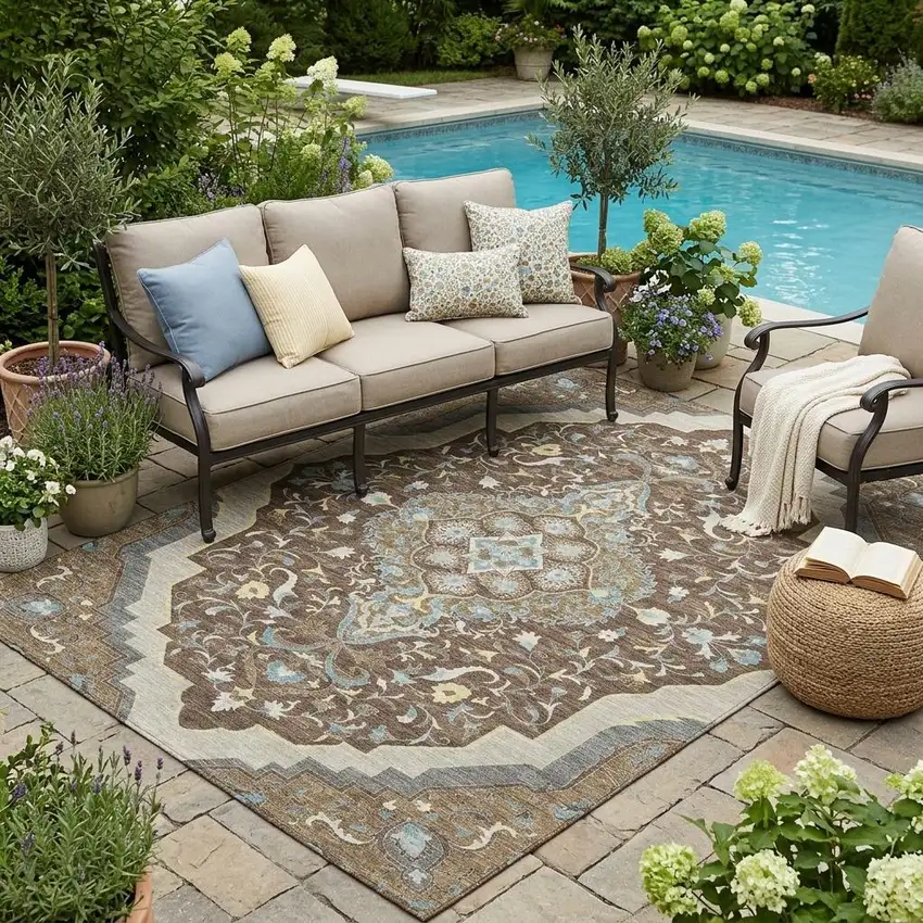 Brown And Beige Medallion Washable Indoor Outdoor Area Rug Photo 1
