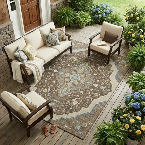 Brown And Beige Medallion Washable Indoor Outdoor Area Rug Photo 1