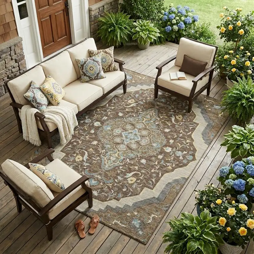 Brown And Beige Medallion Washable Indoor Outdoor Area Rug Photo 1