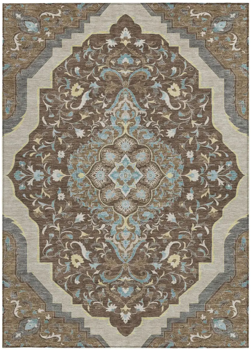 Brown And Beige Medallion Washable Indoor Outdoor Area Rug Photo 4
