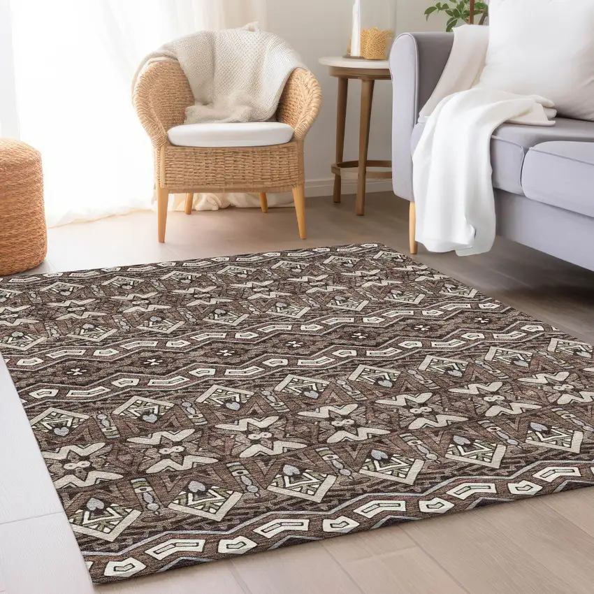 Brown And Beige Moroccan Washable Area Rug With UV Protection Photo 5
