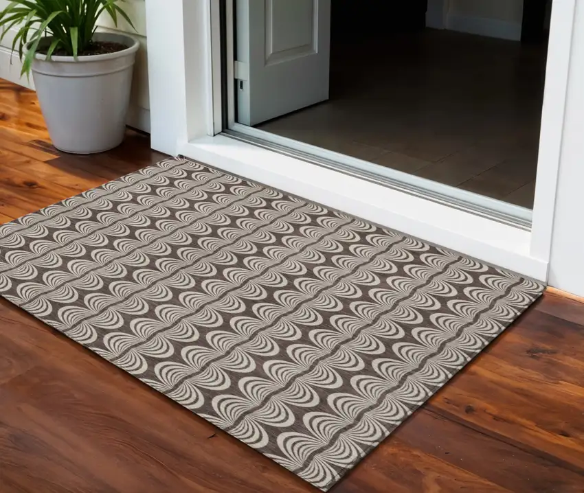 Brown And Beige Ogee Washable Indoor Outdoor Area Rug Photo 1