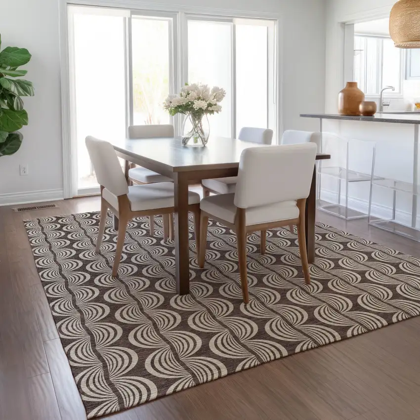 Brown And Beige Ogee Washable Indoor Outdoor Area Rug Photo 9