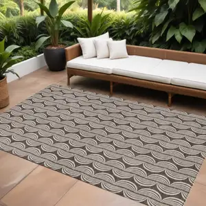 Photo of Brown And Beige Ogee Washable Indoor Outdoor Area Rug