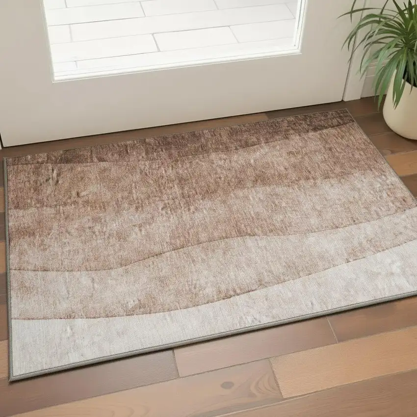 Brown And Beige Ombre Washable Area Rug With UV Protection Photo 2