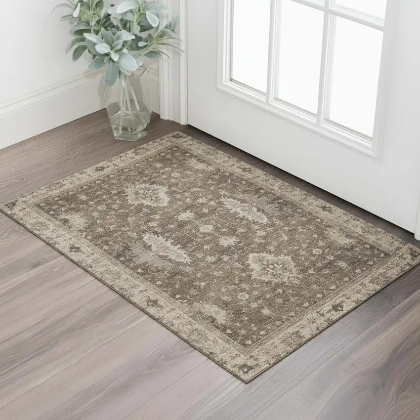 Brown And Beige Oriental Washable Area Rug With UV Protection Photo 2