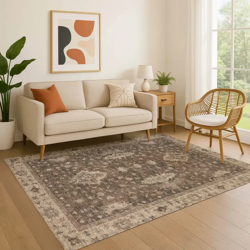 Brown And Beige Oriental Washable Area Rug With UV Protection Photo 3