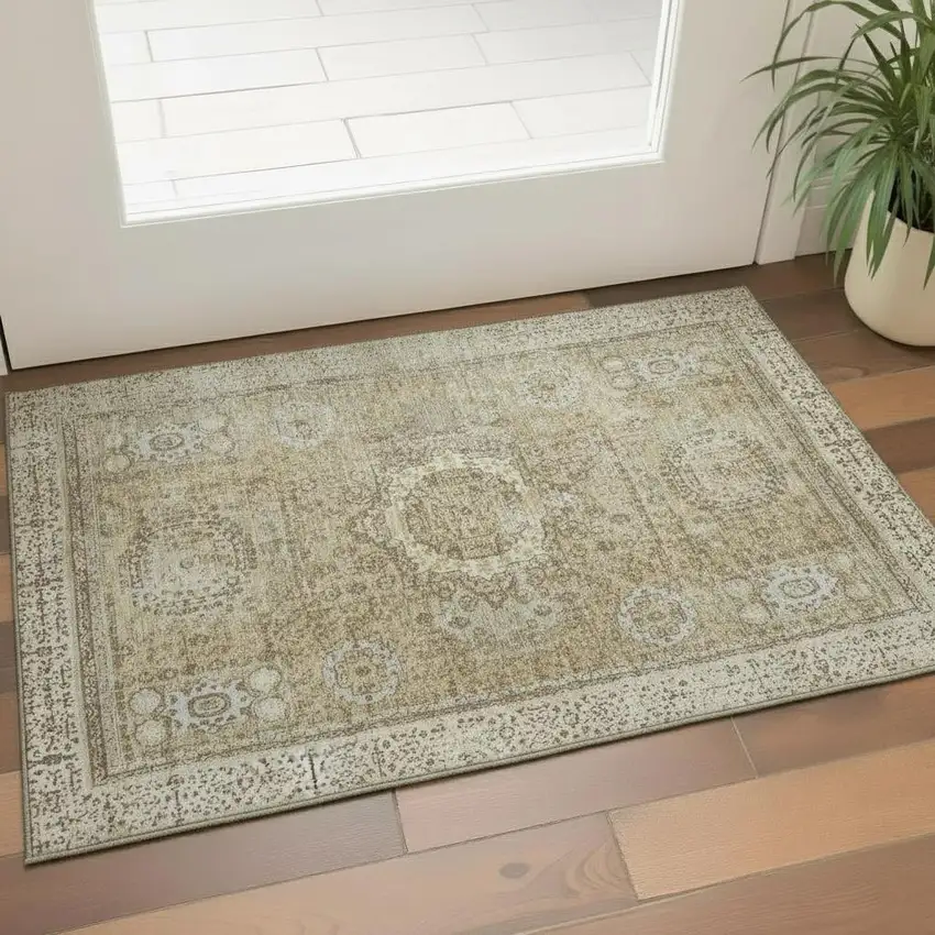 Brown And Beige Oriental Washable Area Rug With UV Protection Photo 2