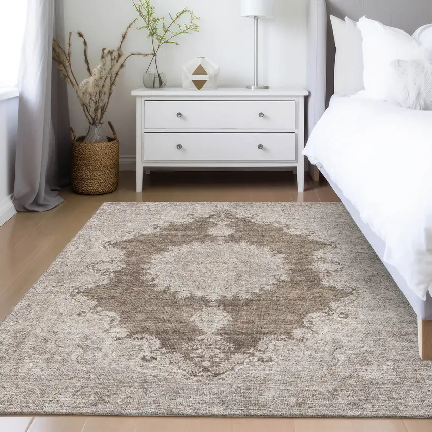 Brown And Beige Oriental Washable Indoor Outdoor Area Rug Photo 9