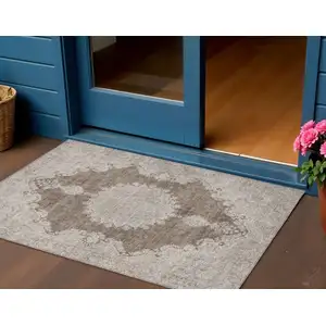 Photo of Brown And Beige Oriental Washable Indoor Outdoor Area Rug