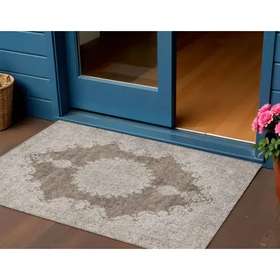 Brown And Beige Oriental Washable Indoor Outdoor Area Rug Photo 1