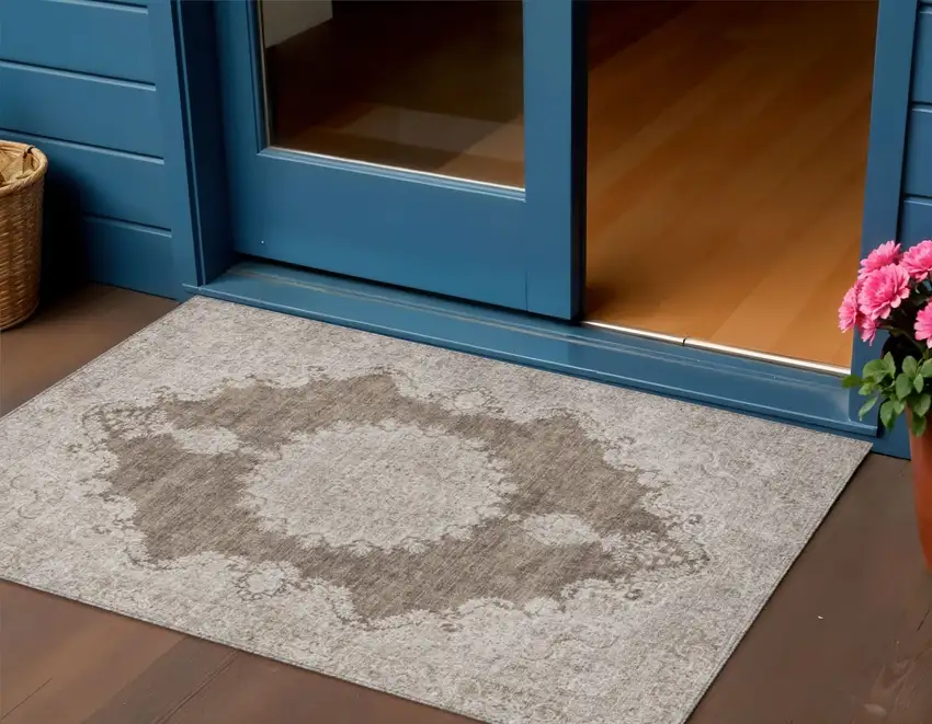 Brown And Beige Oriental Washable Indoor Outdoor Area Rug Photo 1
