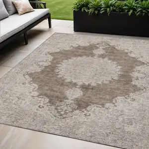 Photo of Brown And Beige Oriental Washable Indoor Outdoor Area Rug