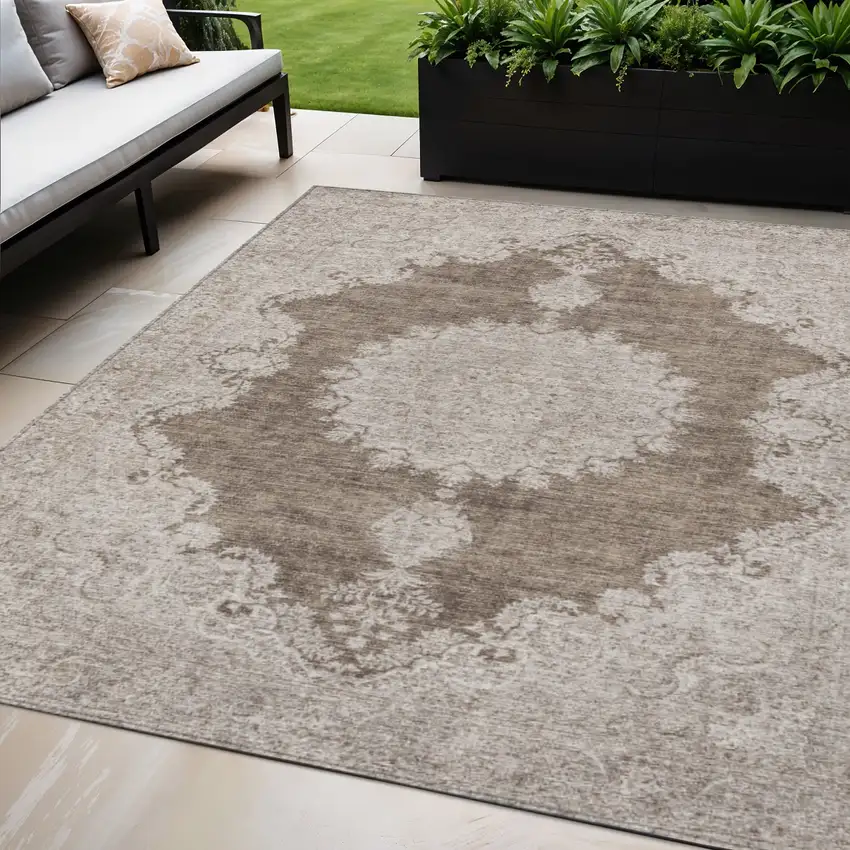Brown And Beige Oriental Washable Indoor Outdoor Area Rug Photo 1