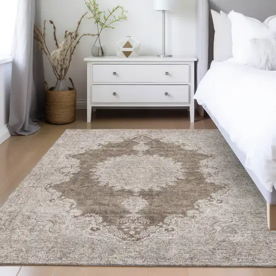 Brown And Beige Oriental Washable Indoor Outdoor Area Rug Photo 9