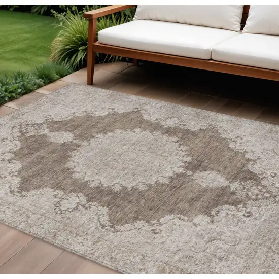 Brown And Beige Oriental Washable Indoor Outdoor Area Rug Photo 1