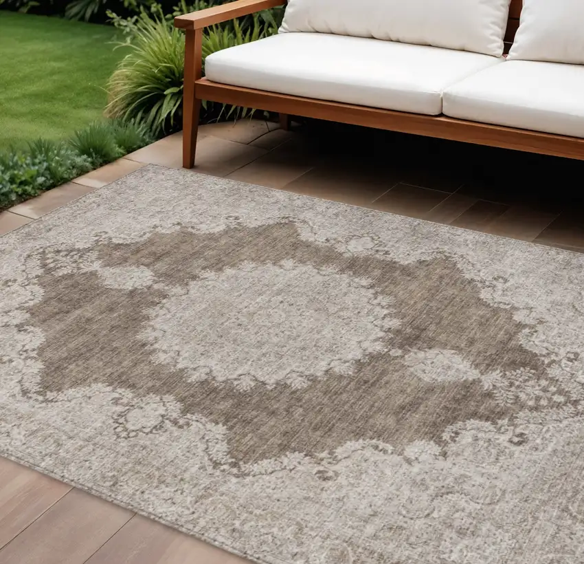 Brown And Beige Oriental Washable Indoor Outdoor Area Rug Photo 1