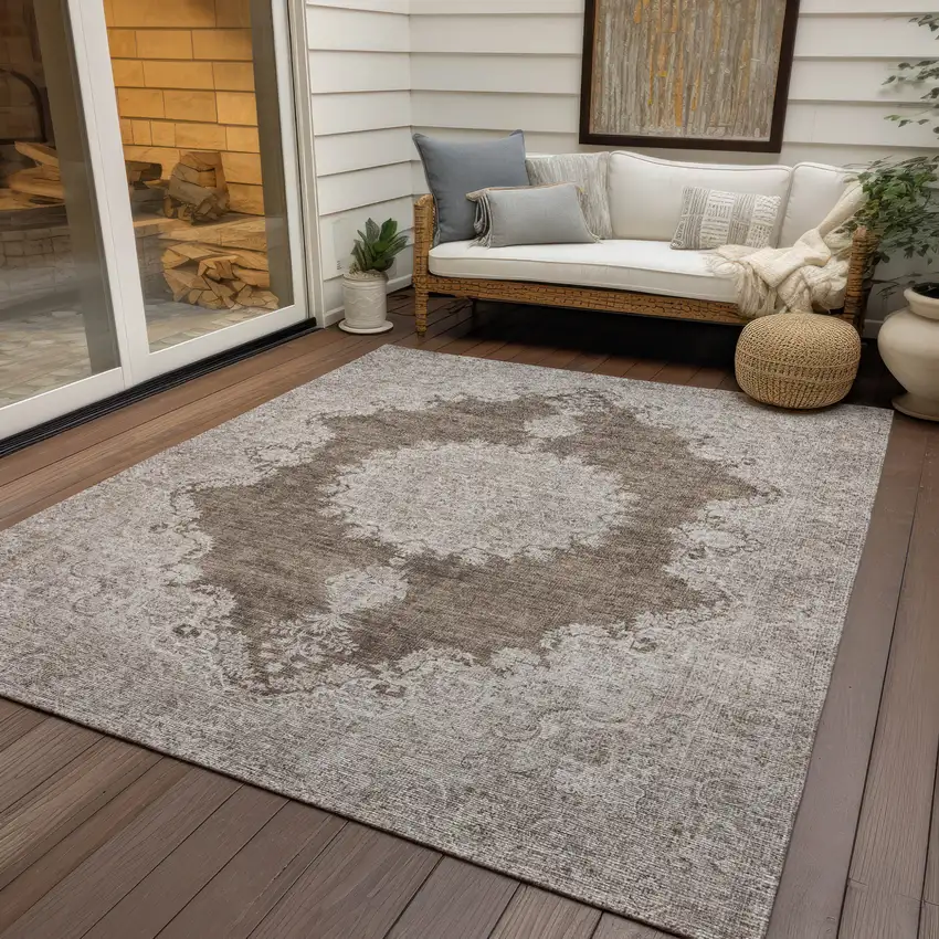 Brown And Beige Oriental Washable Indoor Outdoor Area Rug Photo 6