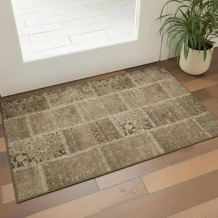 Brown And Beige Patchwork Washable Area Rug With UV Protection Photo 1