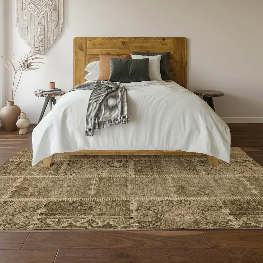 Brown And Beige Patchwork Washable Area Rug With UV Protection Photo 4
