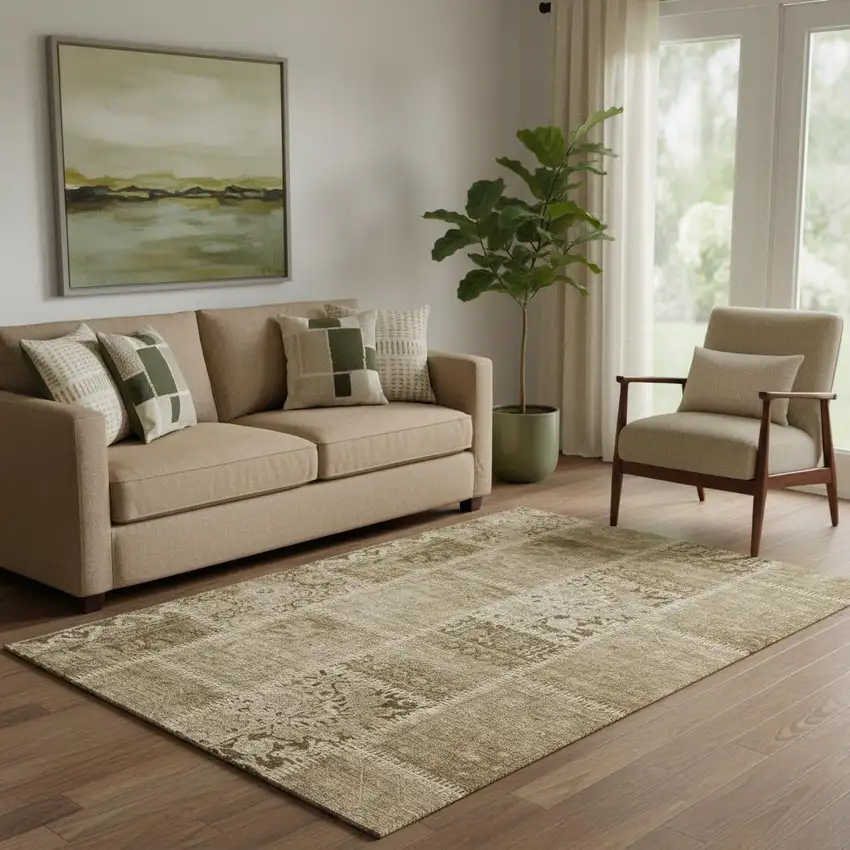 Brown And Beige Patchwork Washable Area Rug With UV Protection Photo 1