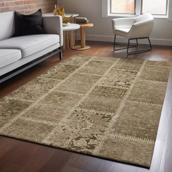 Brown And Beige Patchwork Washable Area Rug With UV Protection Photo 3