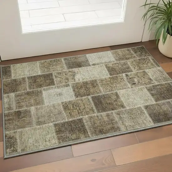 Brown And Beige Patchwork Washable Area Rug With UV Protection Photo 2