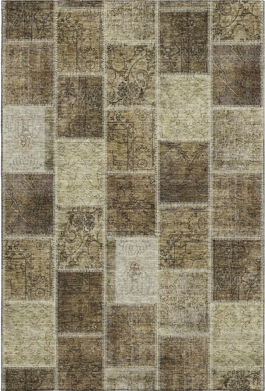Brown And Beige Patchwork Washable Area Rug With UV Protection Photo 1