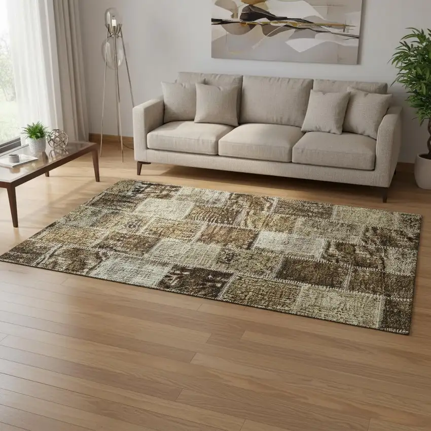 Brown And Beige Patchwork Washable Area Rug With UV Protection Photo 2