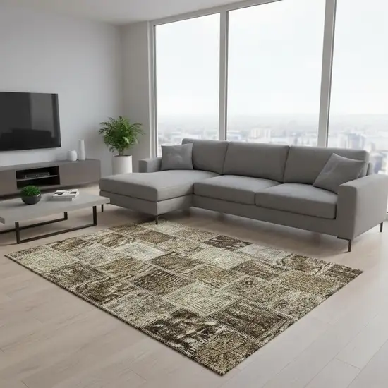 Brown And Beige Patchwork Washable Area Rug With UV Protection Photo 2